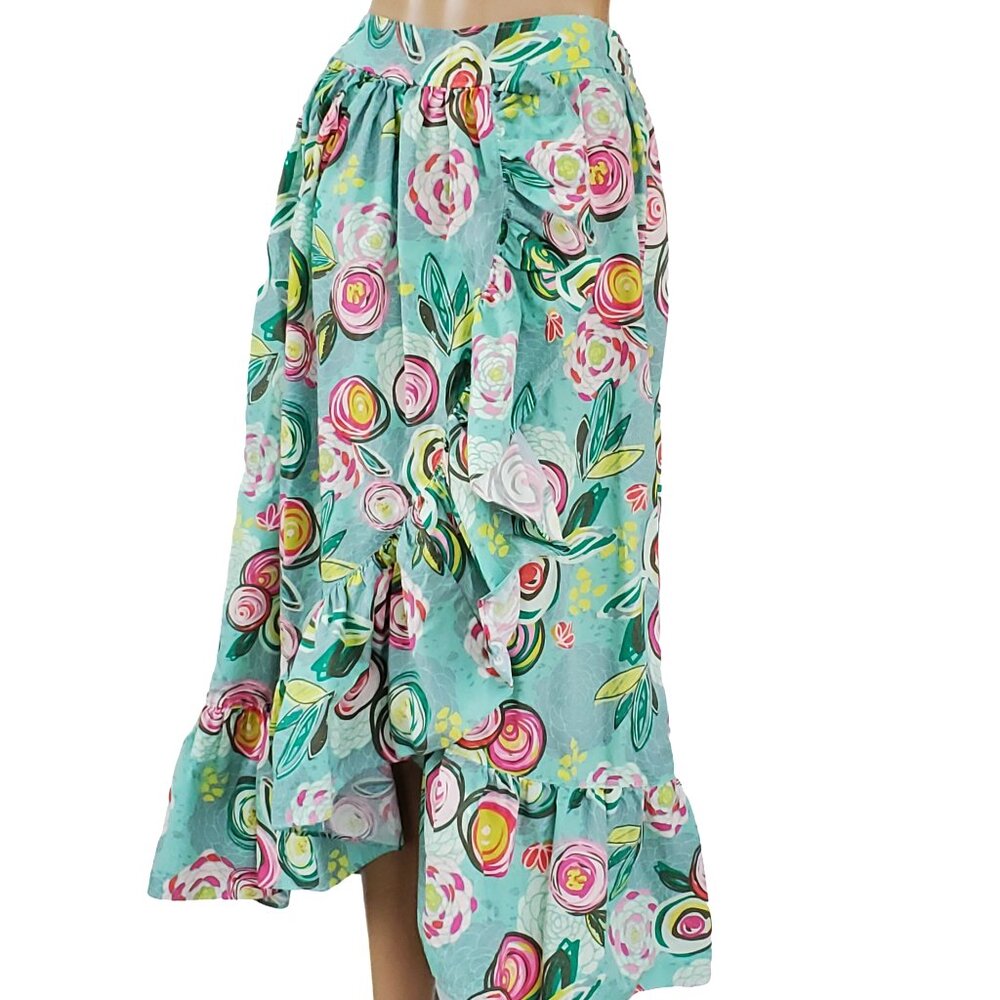 Boho Revival Floral Midi Skirt Women's Small Hi Low Ruffle Elastic Waist Cotton